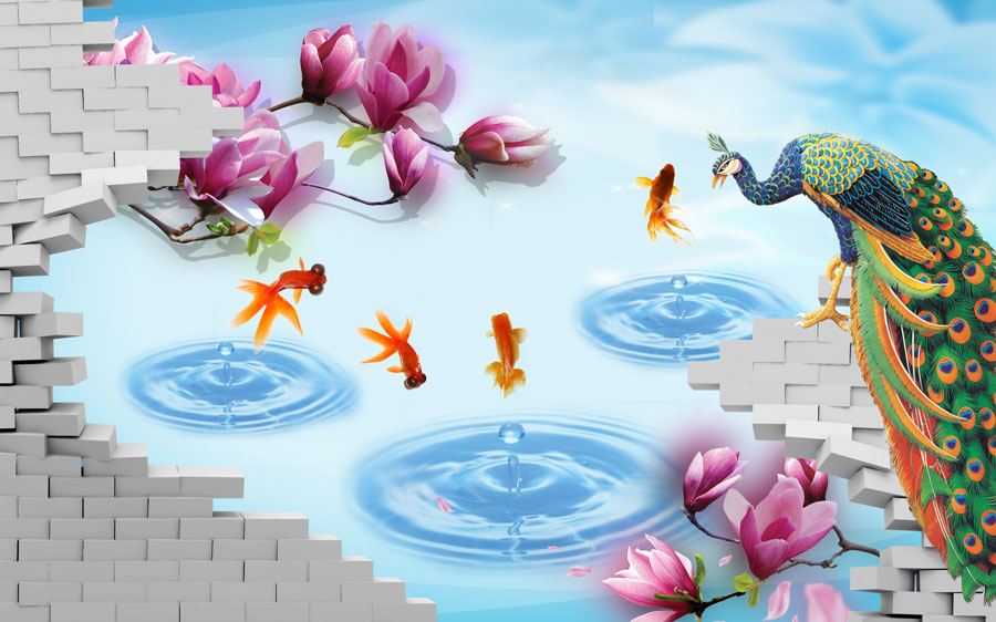 A013400-1095-3D-孔雀 玉兰花  鱼