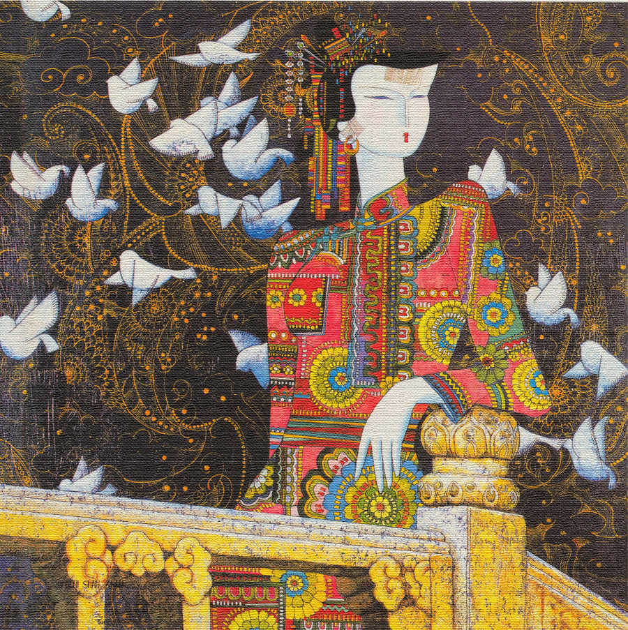 A011957-时尚简约-装饰画 民族风格 金色 鸟 女孩