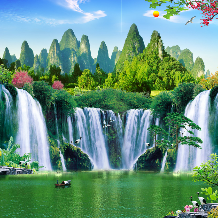 A011673-自然风景-瀑布 森林 鹤 小船