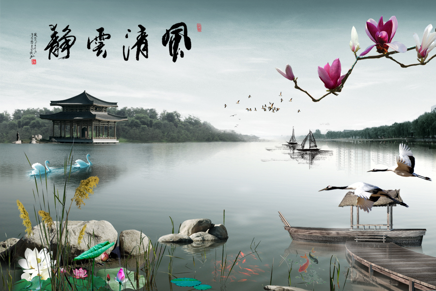 B3378中式-荷塘 荷花-玉兰