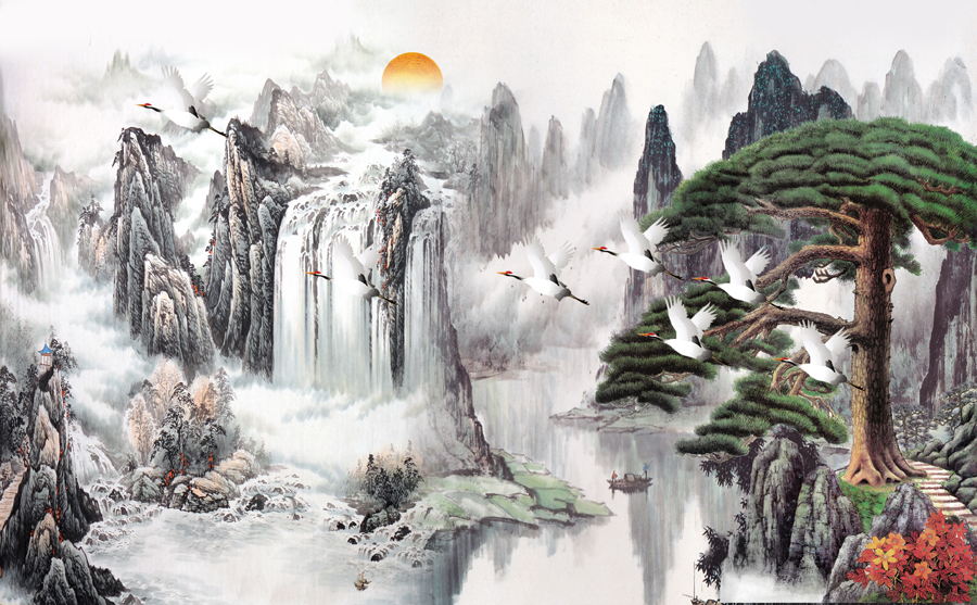 B4070-中式风韵-国画高山流水 松鹤延年