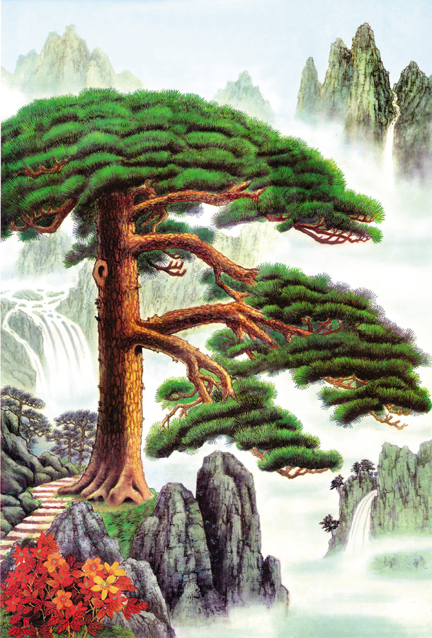 b4123-中式风韵-国画高山流水 松树