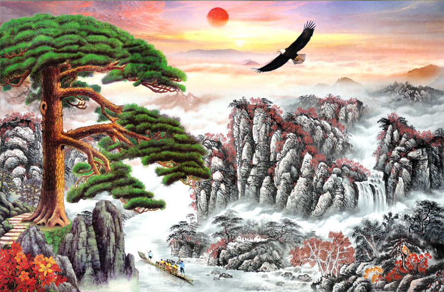 B4126-中式风韵-国画高山流水 迎客松