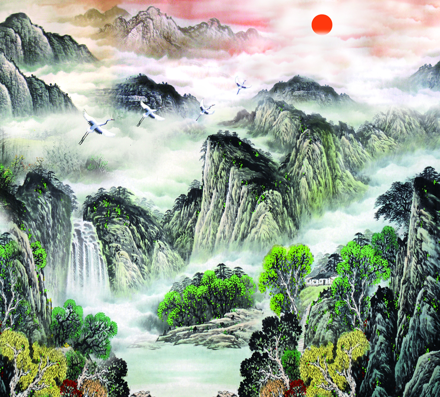 A008728-中式风韵-国画松树高山流水