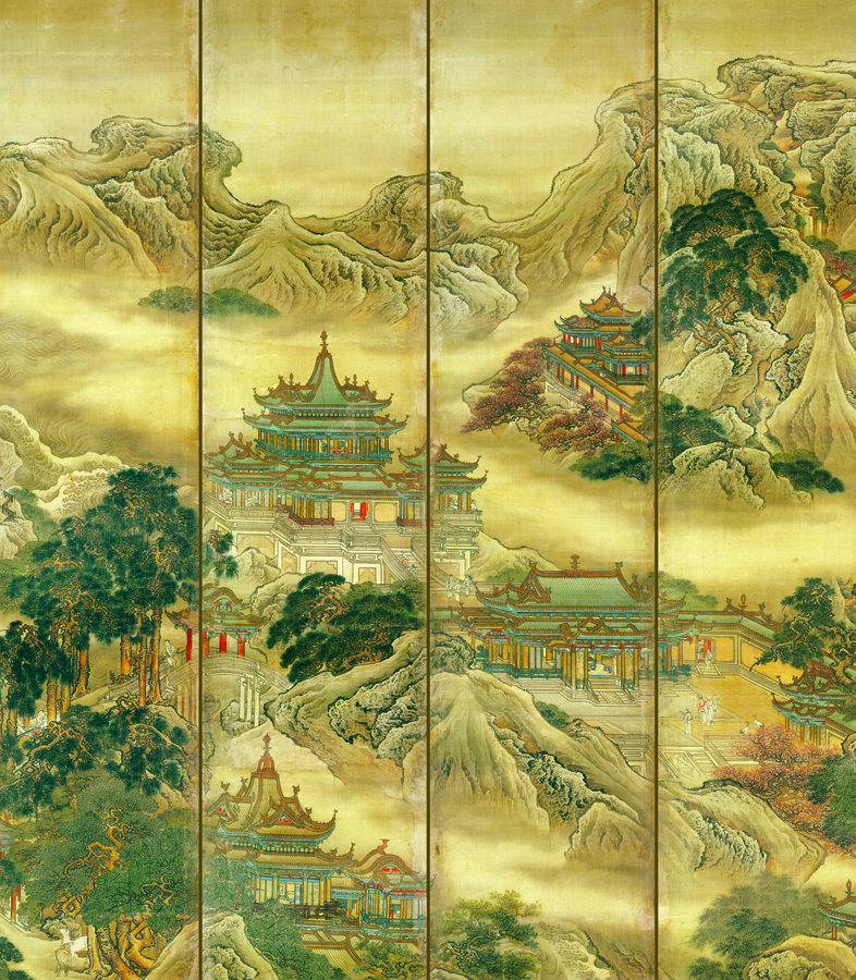 A008835-中式风韵-国画松树高山流水-蓬莱仙境四条