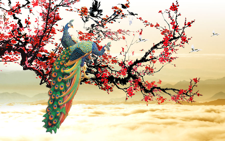A013263-605中式-花类-梅花和孔雀
