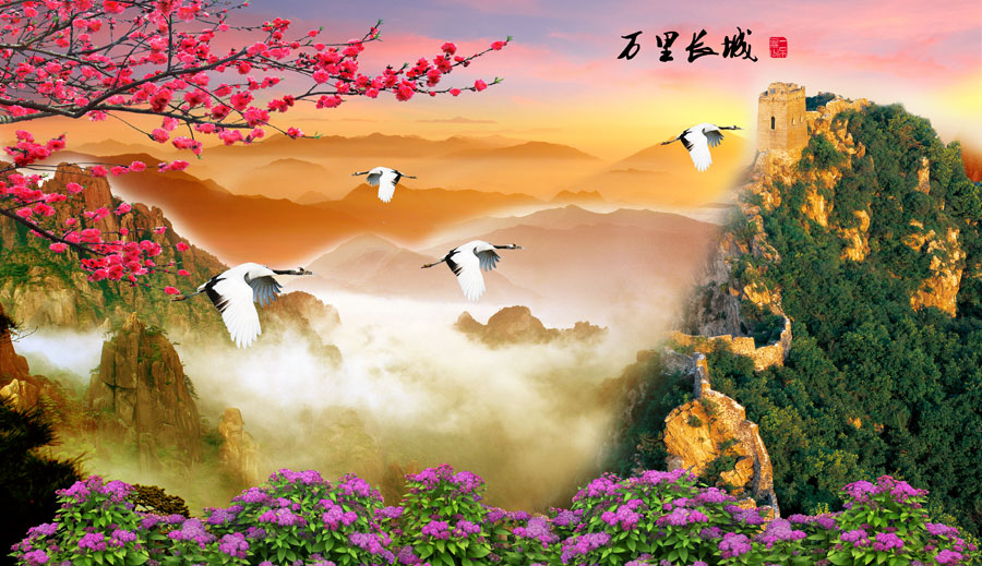 A013436-1183中式-山水 桃花 鹤