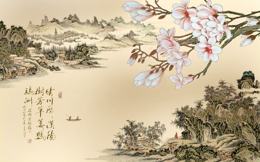 A013438-1208中式山水 玉兰