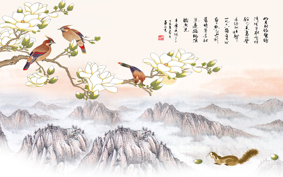 A013446-1224中式-国画 山 玉兰-花鸟