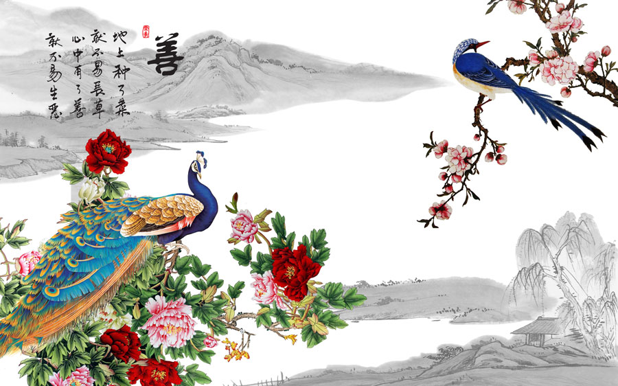 A013612-135中式风韵-山水 牡丹花