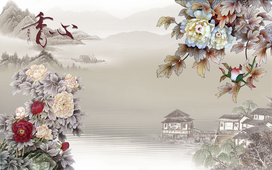 A013613-136中式风韵-山水牡丹花