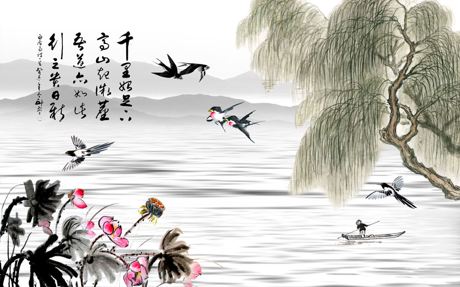 A013672-194中式风韵-植物花草 荷花 杨柳