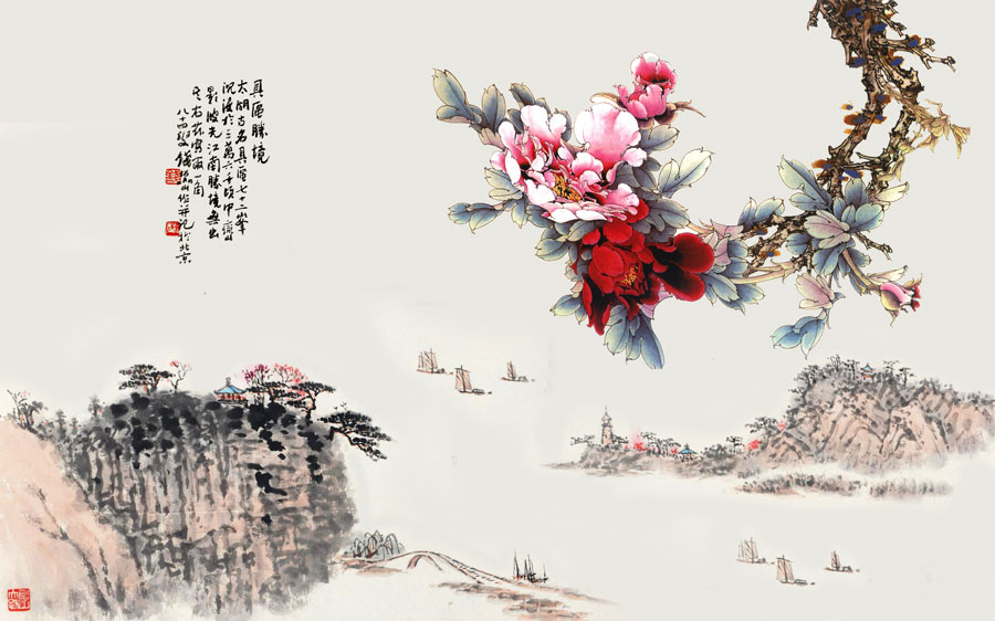 A013815-1200中式风韵-山水画 牡丹花