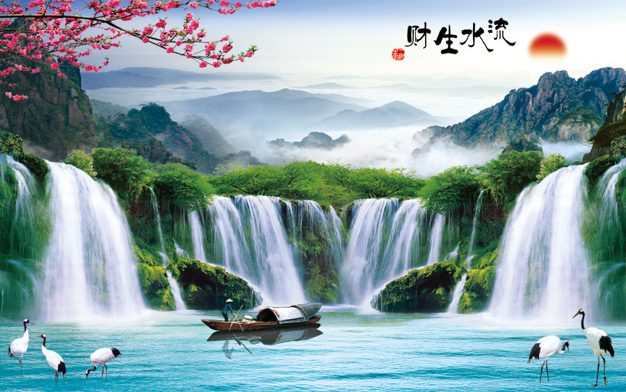 A039603-中国画背景墙-流水生财