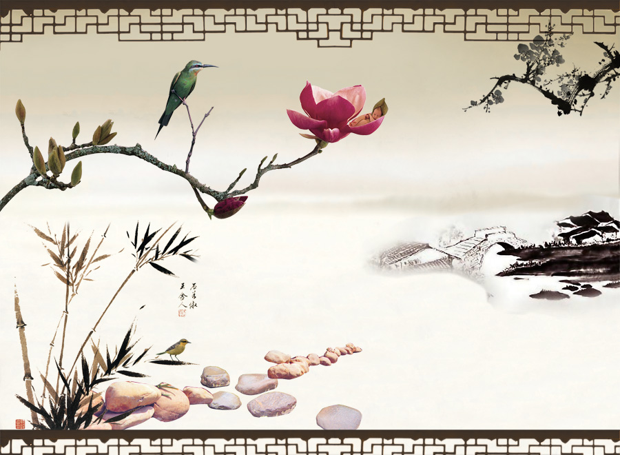 B2956中式-国画-花草 玉兰竹子