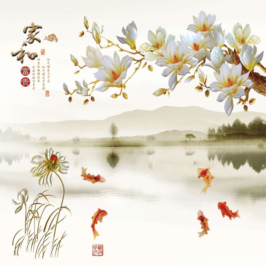A040271-浮雕-山水玉兰花-鱼