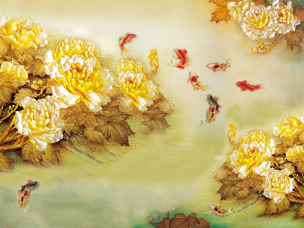 G8540c-浮雕-九鱼图牡丹花