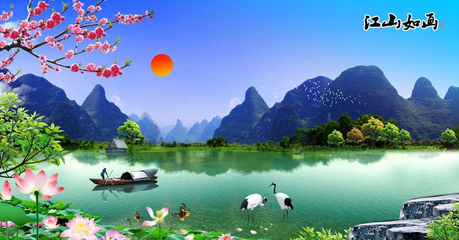 A008677-自然风景-山脉 湖水-江山如画-荷花-桂林山