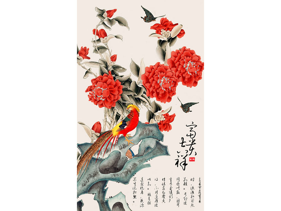 A013877-中式玄关-牡丹花鸟-富贵吉祥