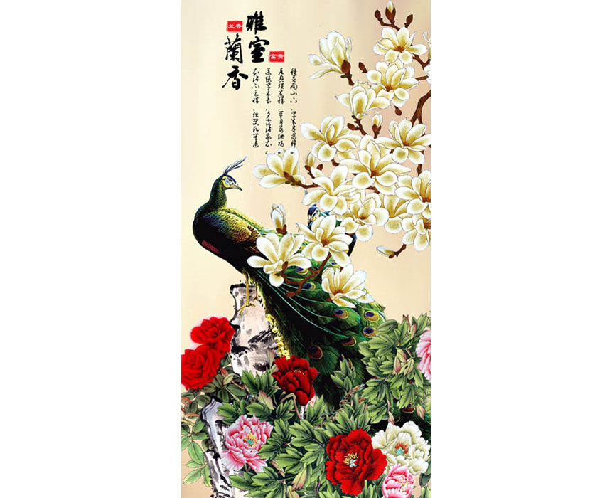 A014116-中式玄关-孔雀牡丹花-雅室兰香