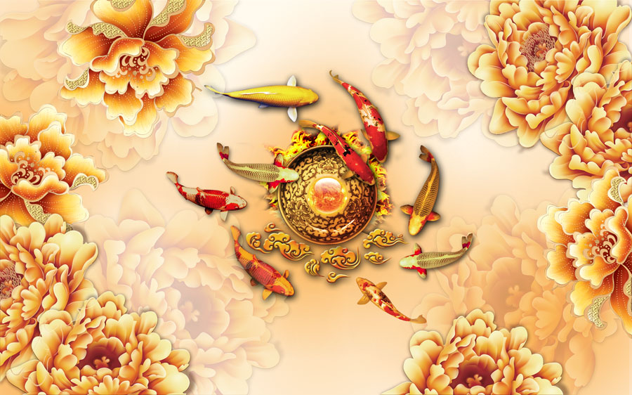 A013375-浮雕-鱼和牡丹花-九鱼图