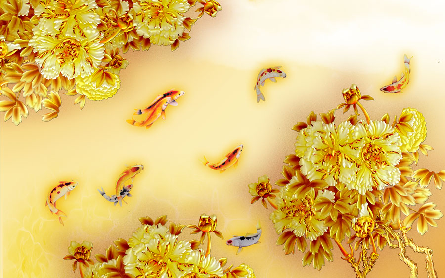 A013646-浮雕-鱼戏牡丹间-九鱼图