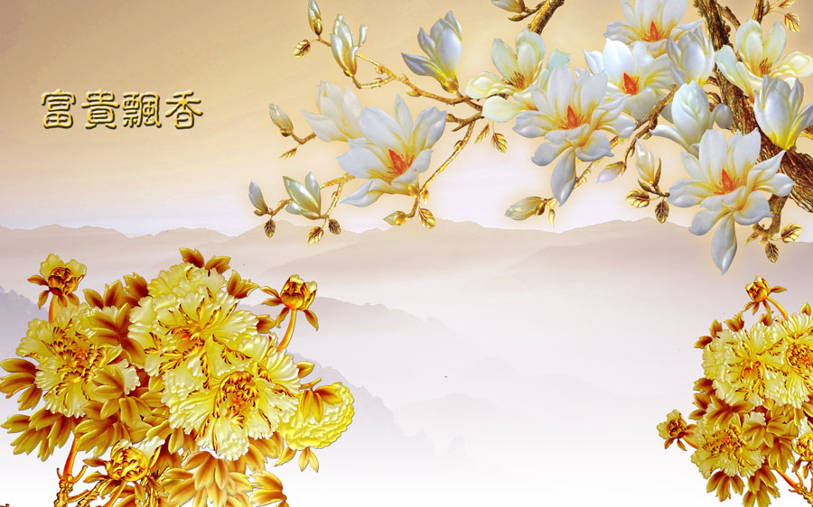 A013751-浮雕-玉兰和牡丹