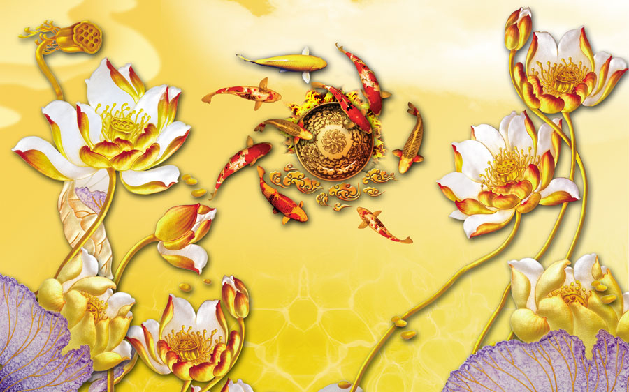 A013838-浮雕-荷花-九鱼图