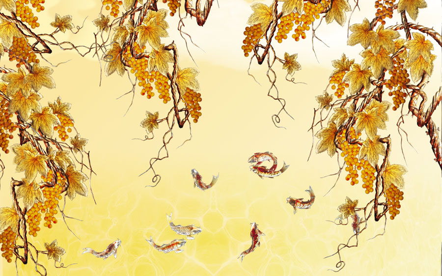 A014158-浮雕-金色鱼葡萄树-九鱼图