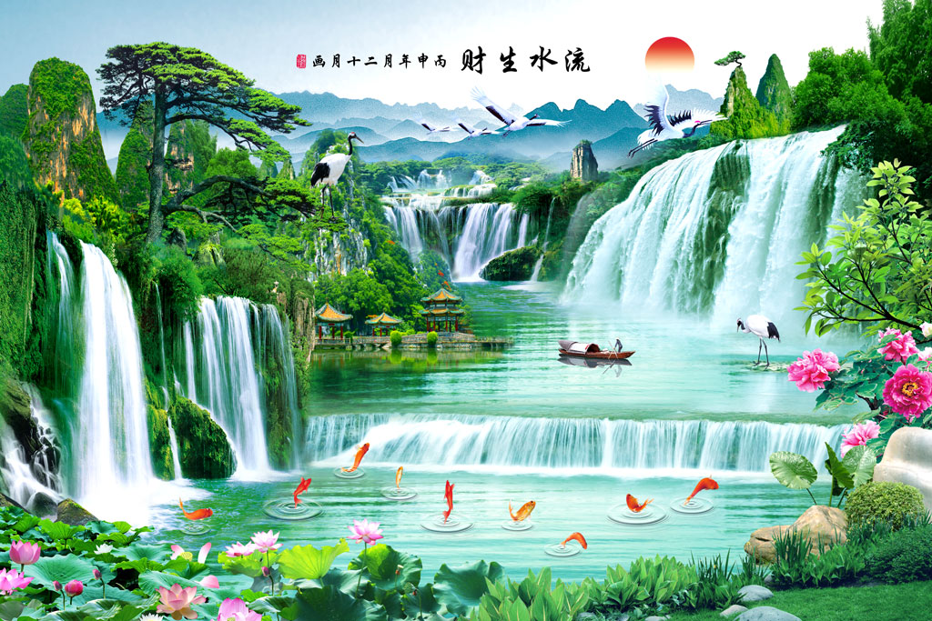 a050115-中式自然山水-松迎客松-桃花-流水生财
