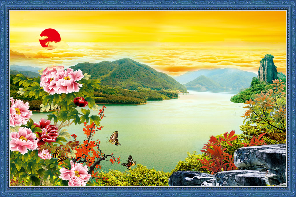 A050120-中式自然风景山水牡丹