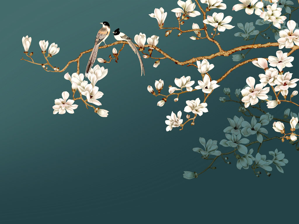 a051899工笔玉兰花鸟 - 中国壁画网-壁画_电视背景墙