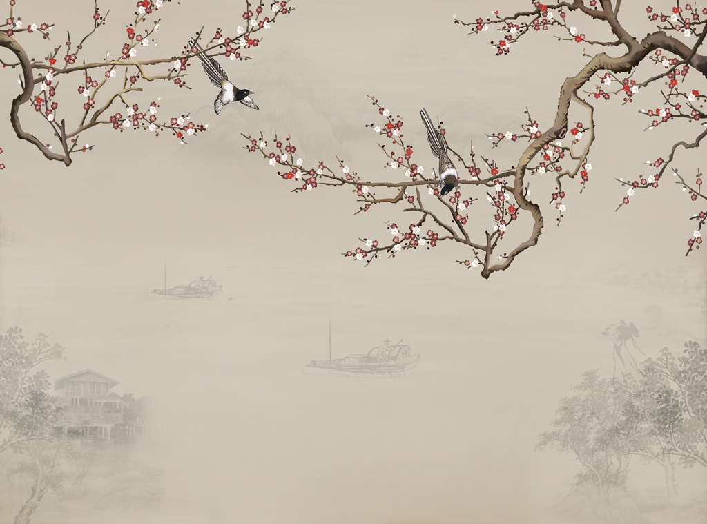 A053388梅花-喜鹊-山水
