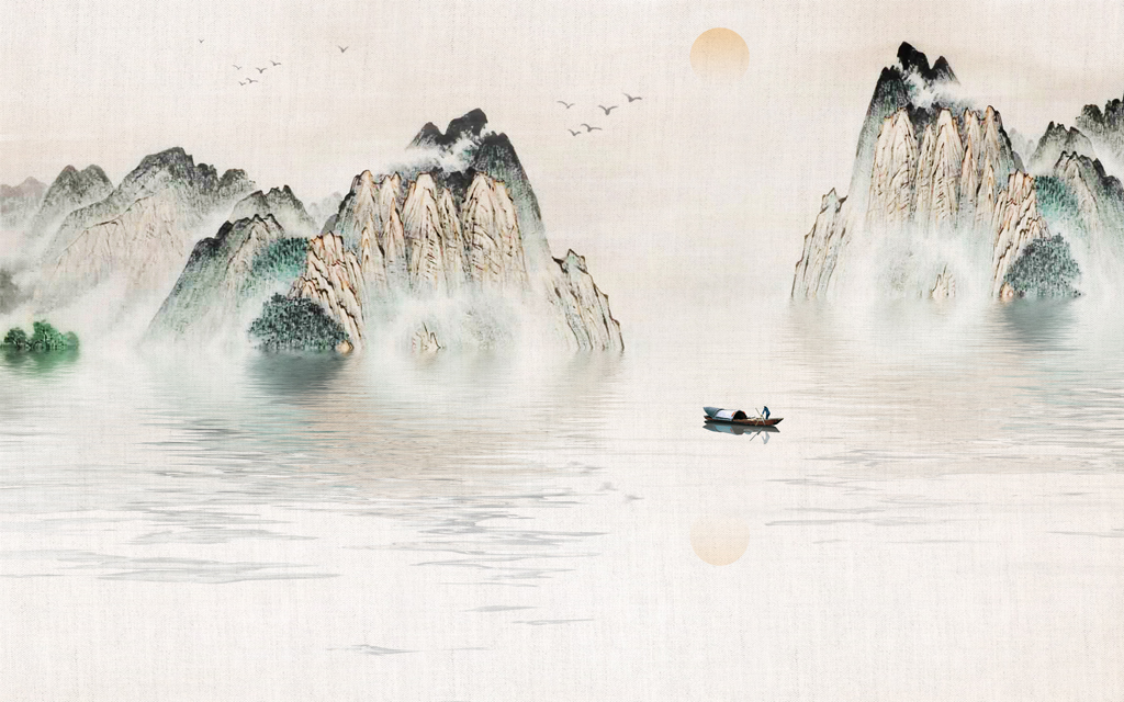 A053736水墨山水新中式风景手绘国画沙发背景墙