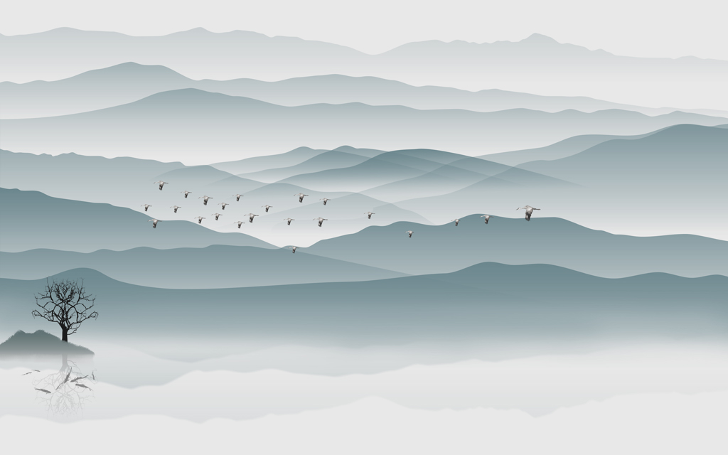 A053755新中式抽象水墨山水背景墙卧室装饰壁画