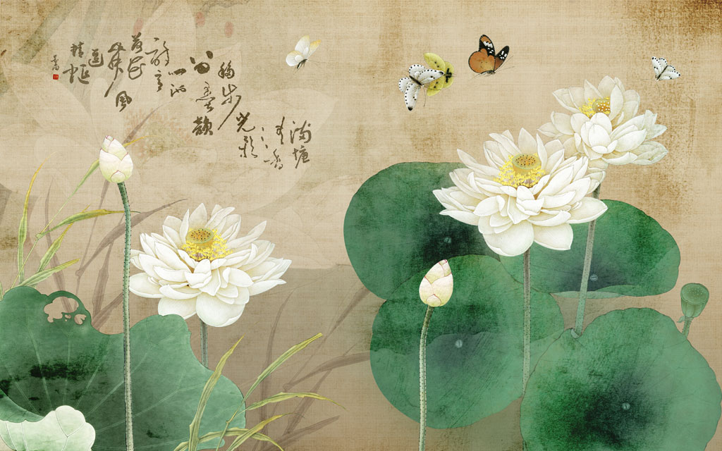 A054919手绘中式荷花花背景墙装饰画