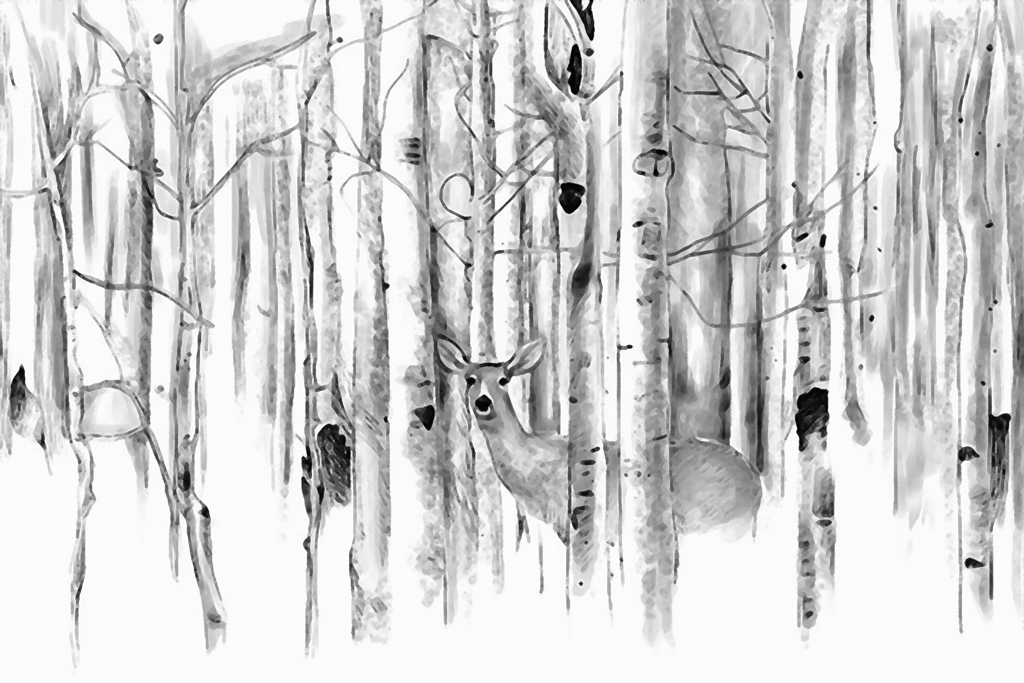 A056315-麋鹿-树林-手绘-黑白
