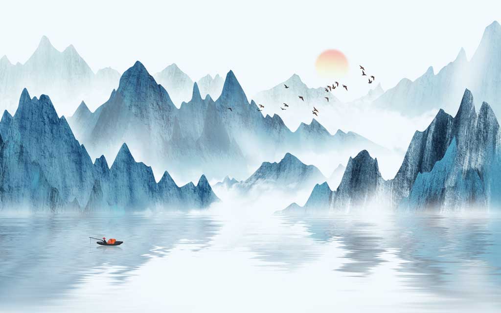 A058143-手绘水墨山水意境蓝色壁画背景墙