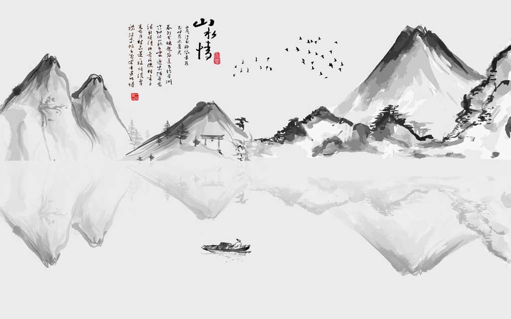 A058157_新中式水墨木纹高山小船倒影背景墙