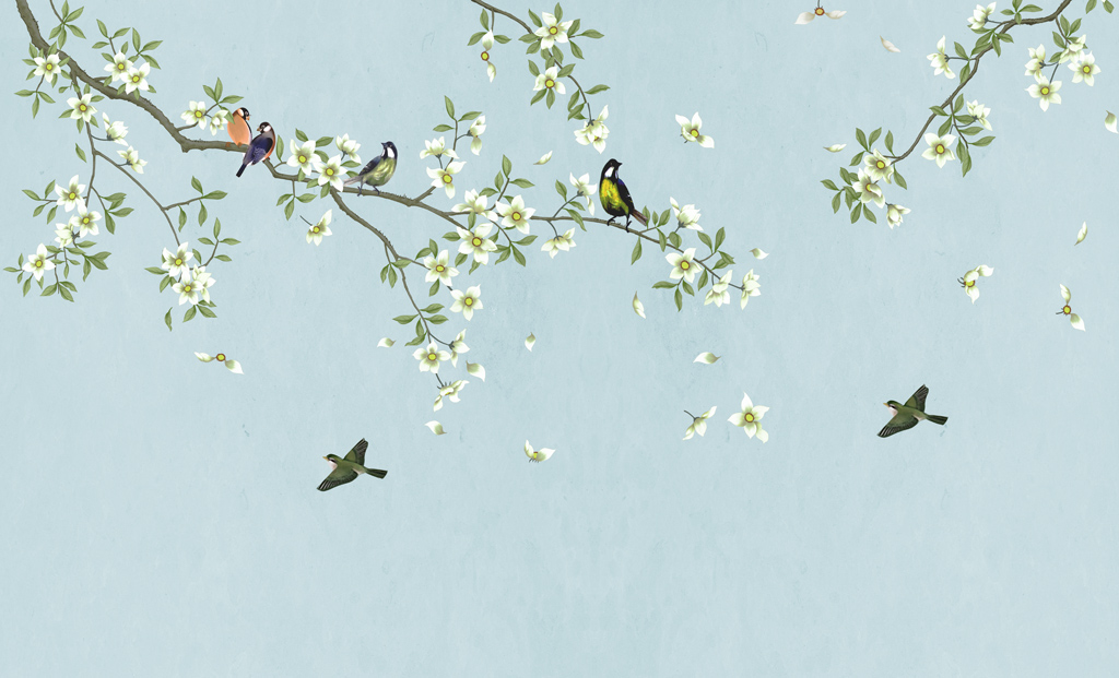 A058452-淡雅蓝绿手绘新中式工笔画花鸟壁画