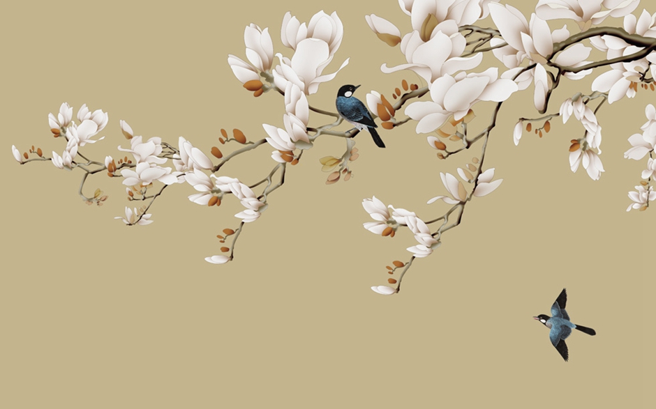 A059955新中式玉兰花开富贵手绘工笔花鸟