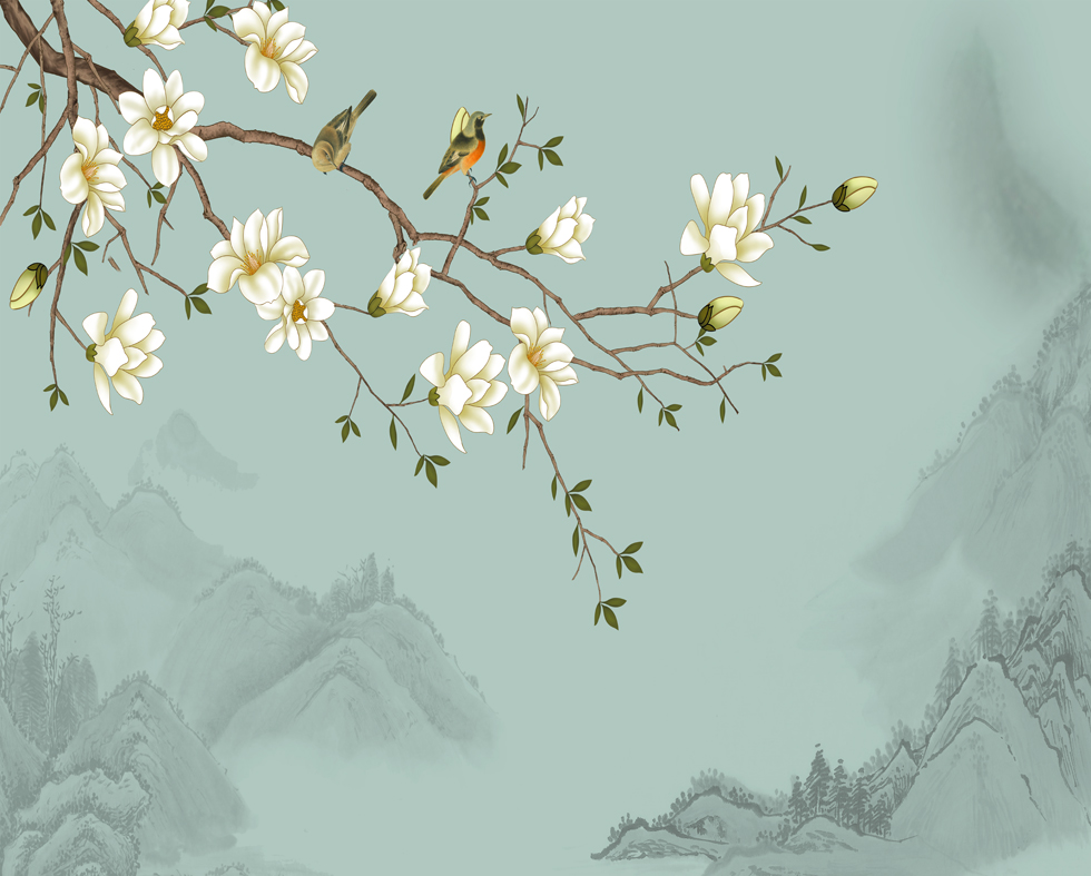 A061305-中式手绘花鸟-玉兰意境花鸟分层
