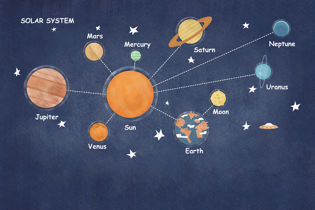 A058827-卡通儿童-科幻宇宙-蓝灰色橙色几何星球太