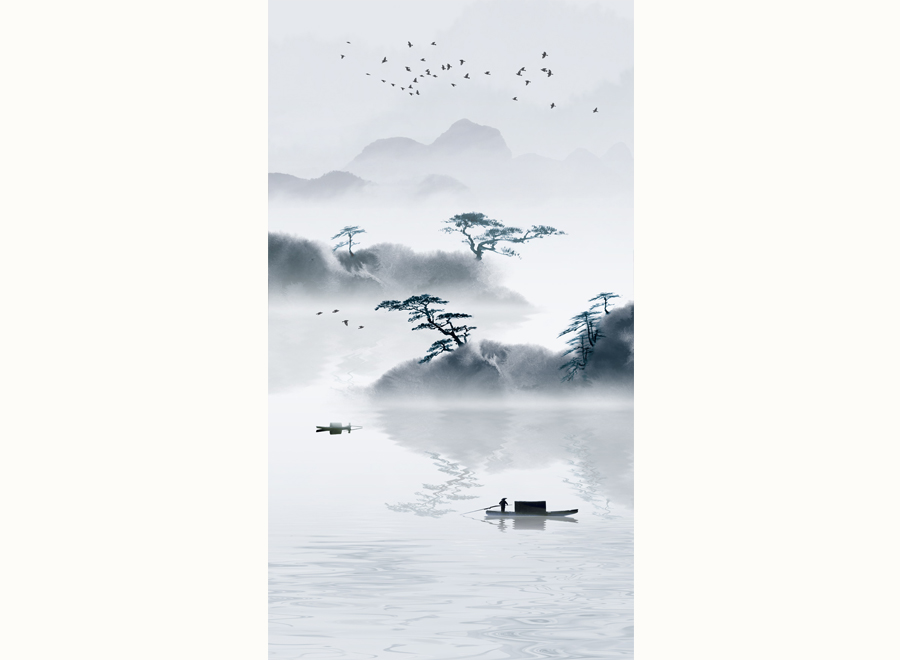A059987-中式玄关山水意境--小船树飞鸟