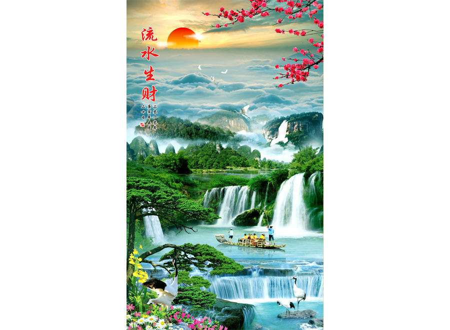 A051030-中式自然玄关风景-流水生财山水画