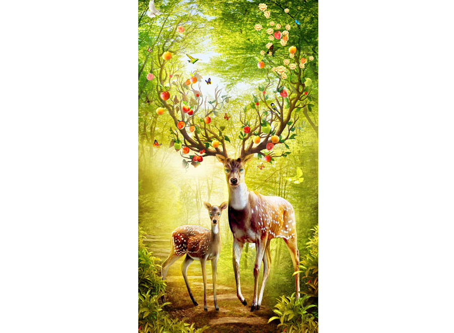 A057025-玄关油画-油画树林-麋鹿-现代梅花鹿