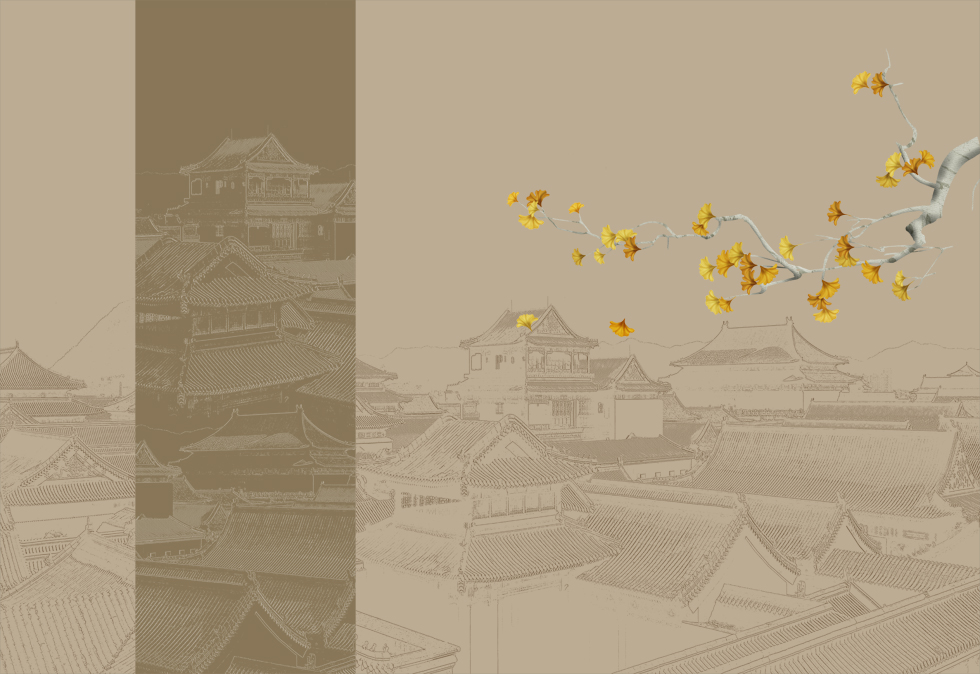 A065257-新中式线描古建筑山水手绘银杏叶花鸟壁画