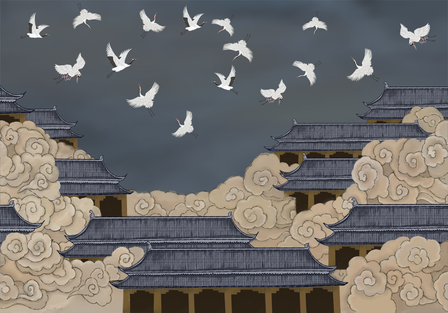 A066548-高清-分层-中式祥云-阁楼-鹤