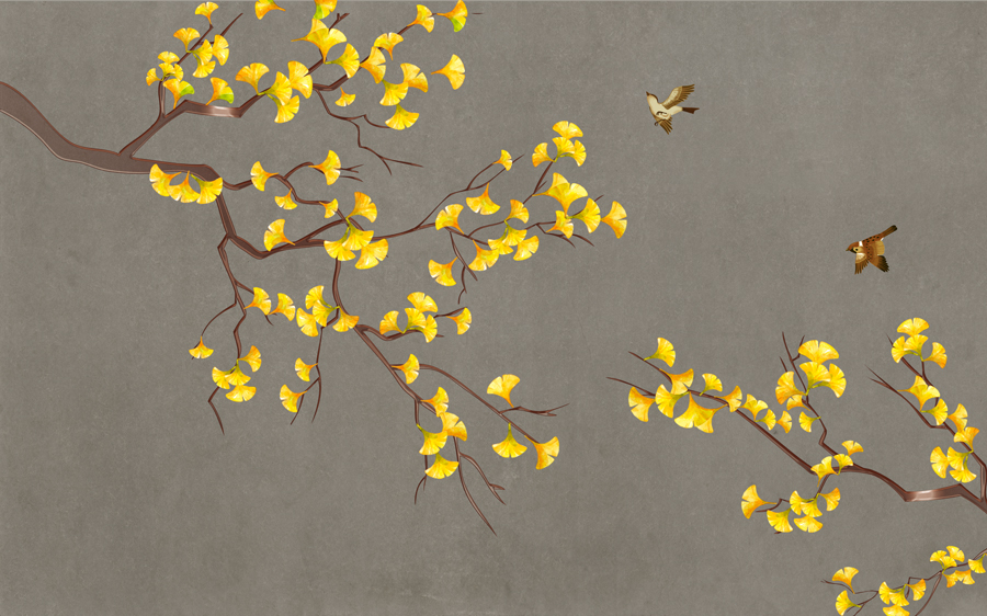 A068051高清分层中式银杏叶花鸟