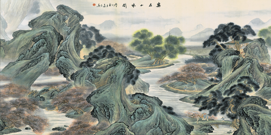 A068052-高清中式山水流水生财财源滚滚国画背景